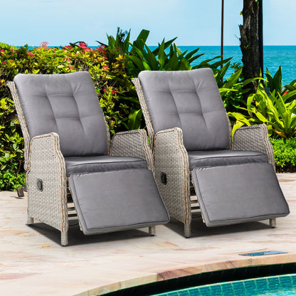 Gardeon Set of 2 Recliner Chairs Sun lounge Outdoor Furniture Setting Patio Wicker Sofa Grey-Furniture &gt; Outdoor-PEROZ Accessories