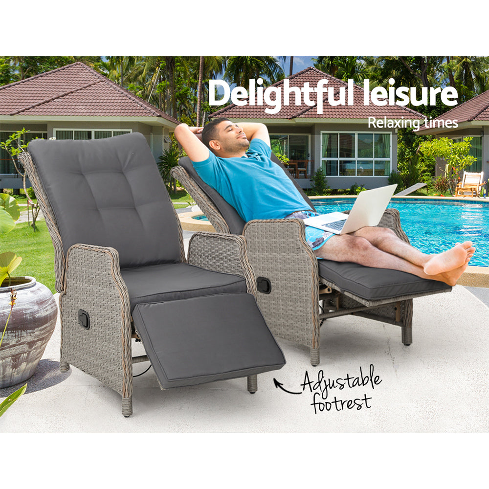 Gardeon Set of 2 Recliner Chairs Sun lounge Outdoor Furniture Setting Patio Wicker Sofa Grey-Furniture &gt; Outdoor-PEROZ Accessories