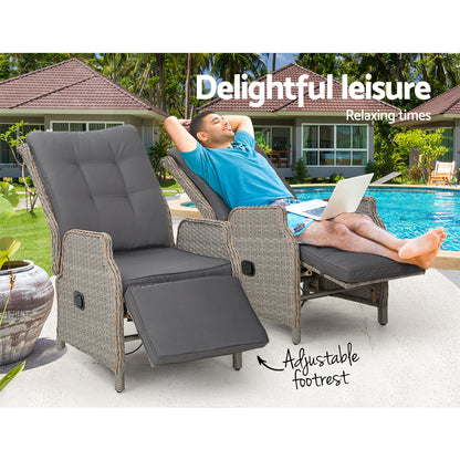 Gardeon Set of 2 Recliner Chairs Sun lounge Outdoor Furniture Setting Patio Wicker Sofa Grey-Furniture &gt; Outdoor-PEROZ Accessories