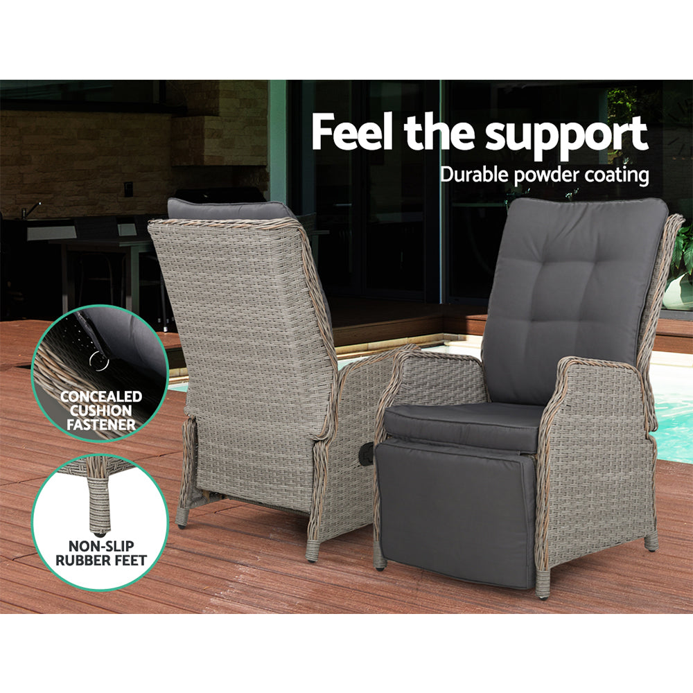 Gardeon Set of 2 Recliner Chairs Sun lounge Outdoor Furniture Setting Patio Wicker Sofa Grey-Furniture &gt; Outdoor-PEROZ Accessories