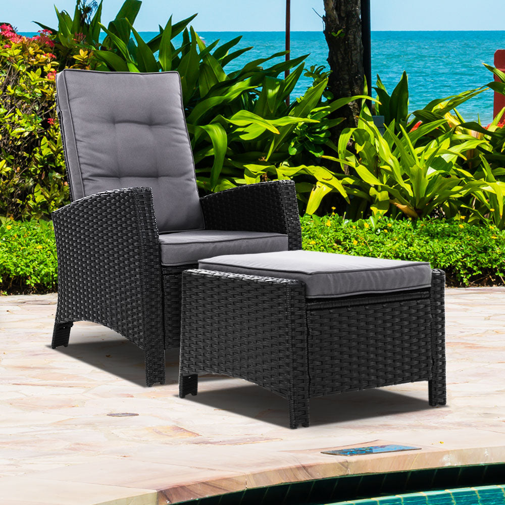 Sun lounge Recliner Chair Wicker Lounger Sofa Day Bed Outdoor Furniture Patio Garden Cushion Ottoman Black Gardeon-Furniture &gt; Outdoor-PEROZ Accessories