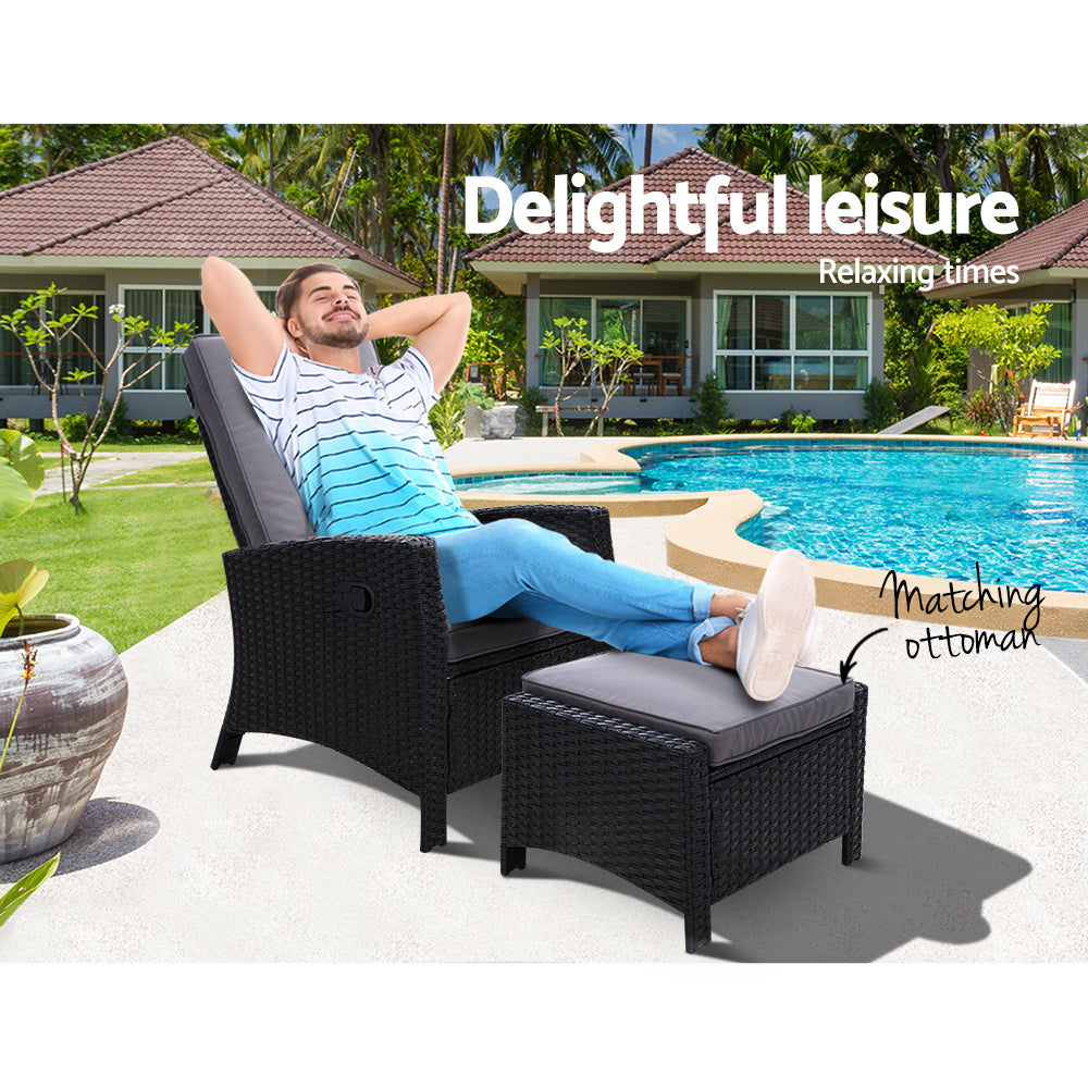 Sun lounge Recliner Chair Wicker Lounger Sofa Day Bed Outdoor Furniture Patio Garden Cushion Ottoman Black Gardeon-Furniture &gt; Outdoor-PEROZ Accessories