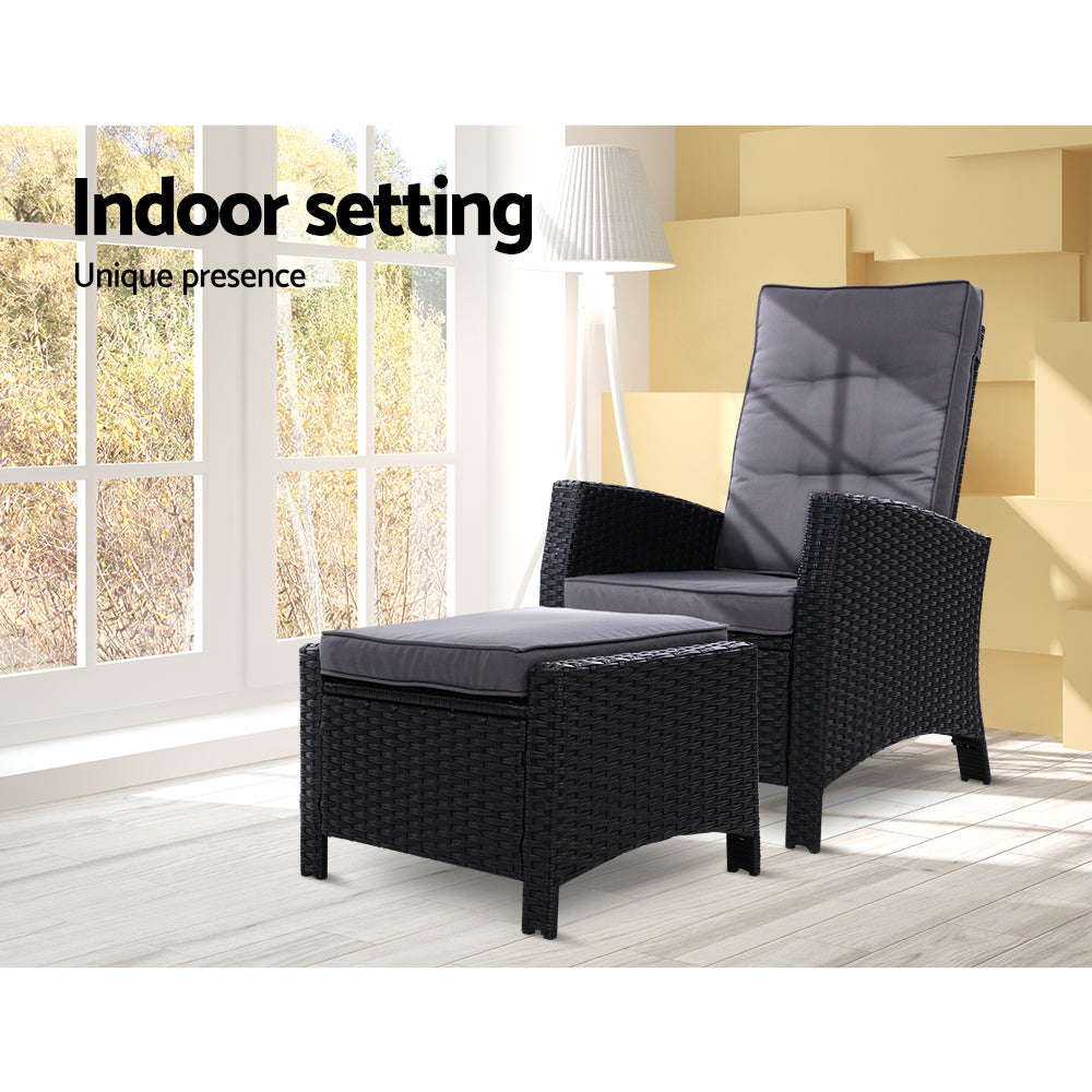 Sun lounge Recliner Chair Wicker Lounger Sofa Day Bed Outdoor Furniture Patio Garden Cushion Ottoman Black Gardeon-Furniture &gt; Outdoor-PEROZ Accessories