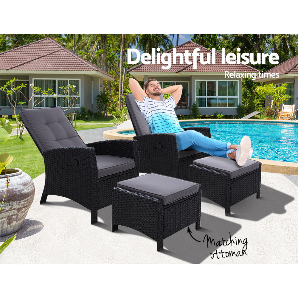 Set of 2 Sun lounge Recliner Chair Wicker Lounger Sofa Day Bed Outdoor Chairs Patio Furniture Garden Cushion Ottoman Gardeon-Furniture &gt; Outdoor-PEROZ Accessories