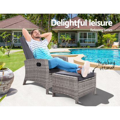 Sun lounge Recliner Chair Wicker Lounger Sofa Day Bed Outdoor Furniture Patio Garden Cushion Ottoman Grey Gardeon-Furniture &gt; Outdoor-PEROZ Accessories