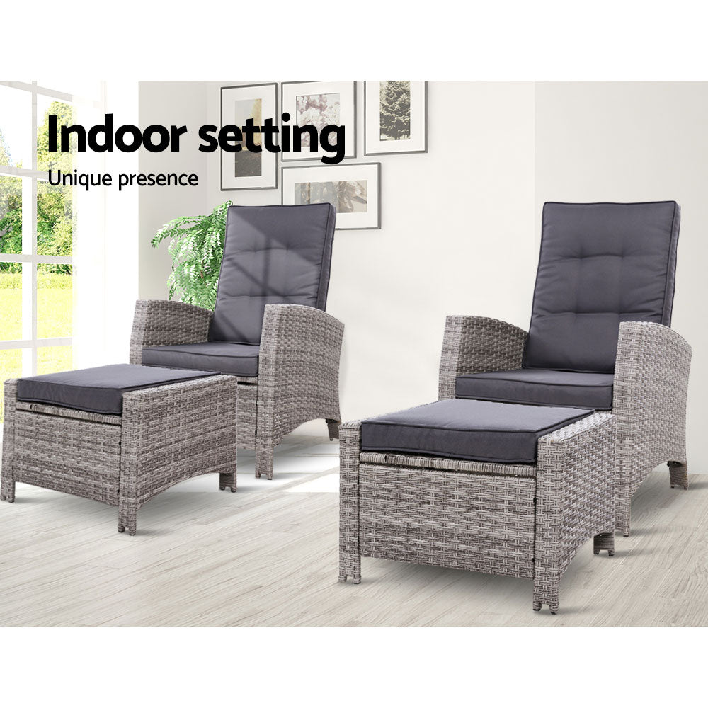 Set of 2 Sun lounge Recliner Chair Wicker Lounger Sofa Day Bed Outdoor Chairs Patio Furniture Garden Cushion Ottoman Gardeon-Furniture &gt; Outdoor-PEROZ Accessories
