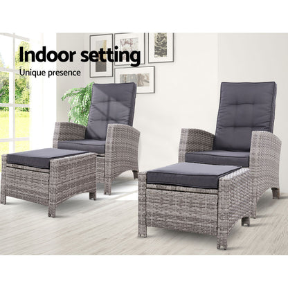 Set of 2 Sun lounge Recliner Chair Wicker Lounger Sofa Day Bed Outdoor Chairs Patio Furniture Garden Cushion Ottoman Gardeon-Furniture &gt; Outdoor-PEROZ Accessories
