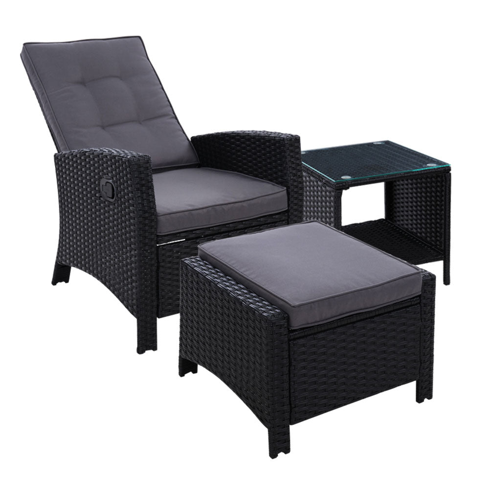 Gardeon Outdoor Setting Recliner Chair Table Set Wicker lounge Patio Furniture Black-Furniture &gt; Outdoor-PEROZ Accessories