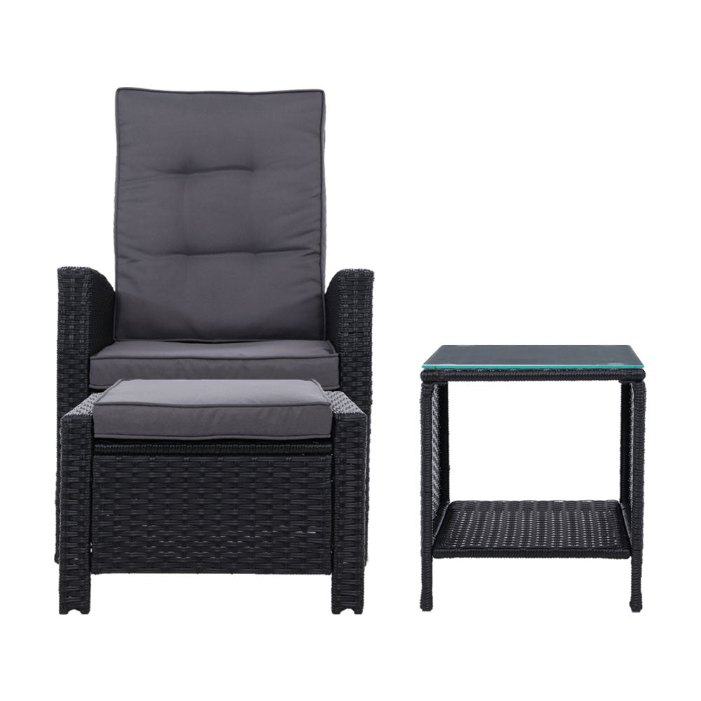 Gardeon Outdoor Setting Recliner Chair Table Set Wicker lounge Patio Furniture Black-Furniture &gt; Outdoor-PEROZ Accessories