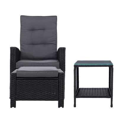 Gardeon Outdoor Setting Recliner Chair Table Set Wicker lounge Patio Furniture Black-Furniture &gt; Outdoor-PEROZ Accessories