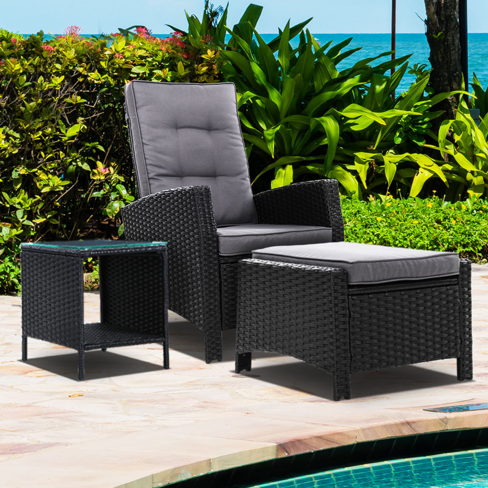 Gardeon Outdoor Setting Recliner Chair Table Set Wicker lounge Patio Furniture Black-Furniture &gt; Outdoor-PEROZ Accessories