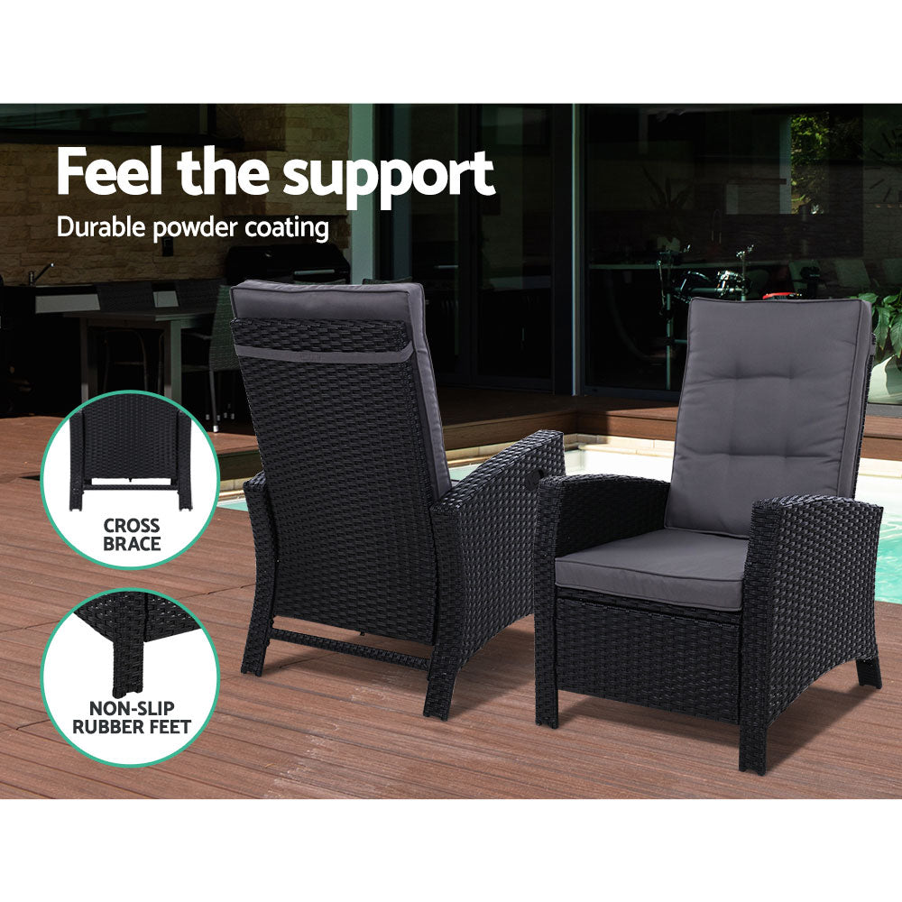 Gardeon Outdoor Setting Recliner Chair Table Set Wicker lounge Patio Furniture Black-Furniture &gt; Outdoor-PEROZ Accessories