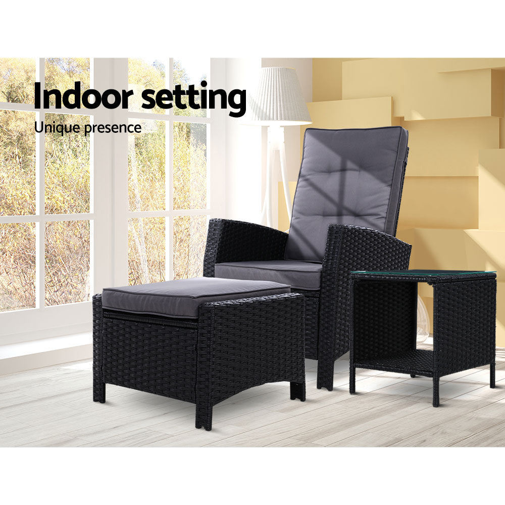 Gardeon Outdoor Setting Recliner Chair Table Set Wicker lounge Patio Furniture Black-Furniture &gt; Outdoor-PEROZ Accessories