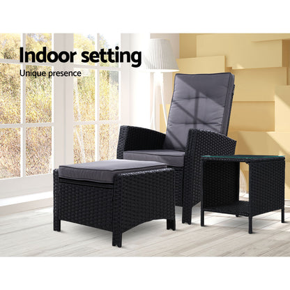 Gardeon Outdoor Setting Recliner Chair Table Set Wicker lounge Patio Furniture Black-Furniture &gt; Outdoor-PEROZ Accessories