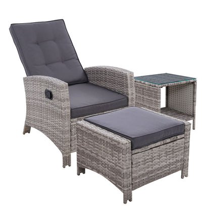 Gardeon Outdoor Setting Recliner Chair Table Set Wicker lounge Patio Furniture Grey-Furniture &gt; Outdoor-PEROZ Accessories
