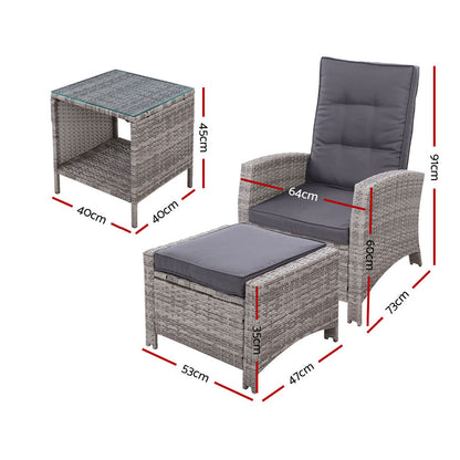 Gardeon Outdoor Setting Recliner Chair Table Set Wicker lounge Patio Furniture Grey-Furniture &gt; Outdoor-PEROZ Accessories