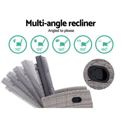 Gardeon Outdoor Setting Recliner Chair Table Set Wicker lounge Patio Furniture Grey-Furniture &gt; Outdoor-PEROZ Accessories