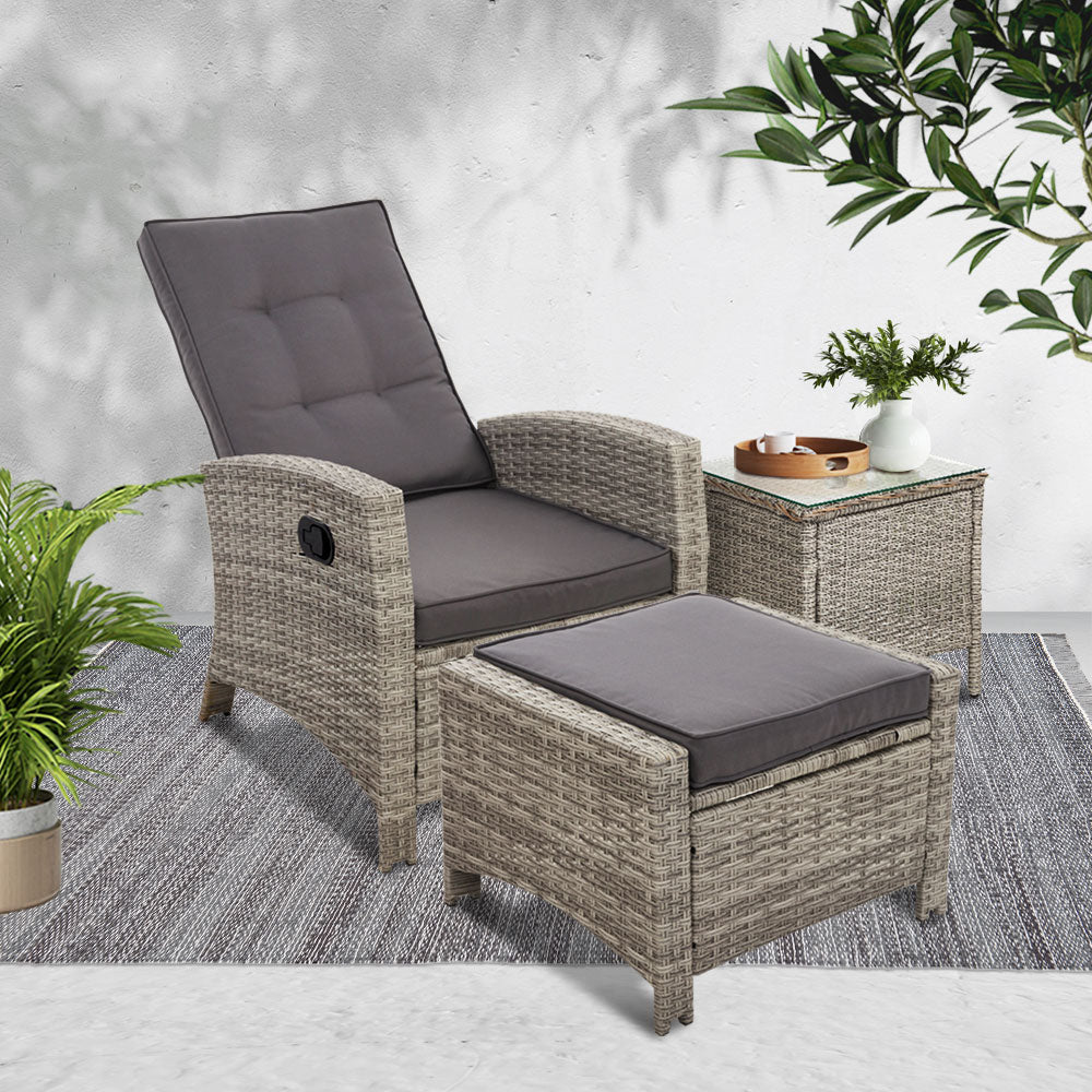 Gardeon Outdoor Setting Recliner Chair Table Set Wicker lounge Patio Furniture Grey-Furniture &gt; Outdoor-PEROZ Accessories