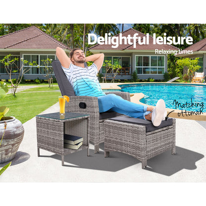 Gardeon Outdoor Setting Recliner Chair Table Set Wicker lounge Patio Furniture Grey-Furniture &gt; Outdoor-PEROZ Accessories
