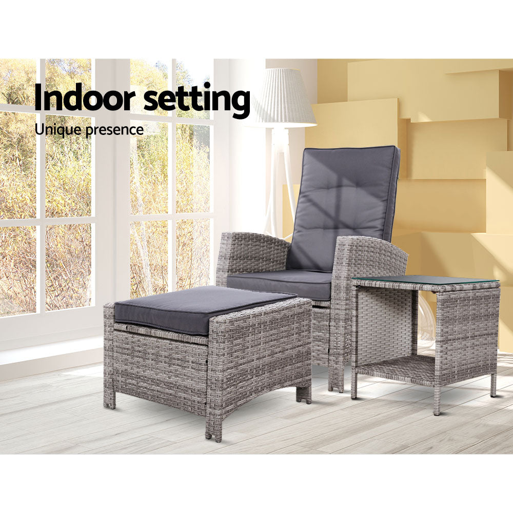 Gardeon Outdoor Setting Recliner Chair Table Set Wicker lounge Patio Furniture Grey-Furniture &gt; Outdoor-PEROZ Accessories
