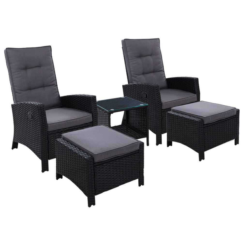 Gardeon Outdoor Patio Furniture Recliner Chairs Table Setting Wicker Lounge 5pc Black-Furniture &gt; Outdoor-PEROZ Accessories