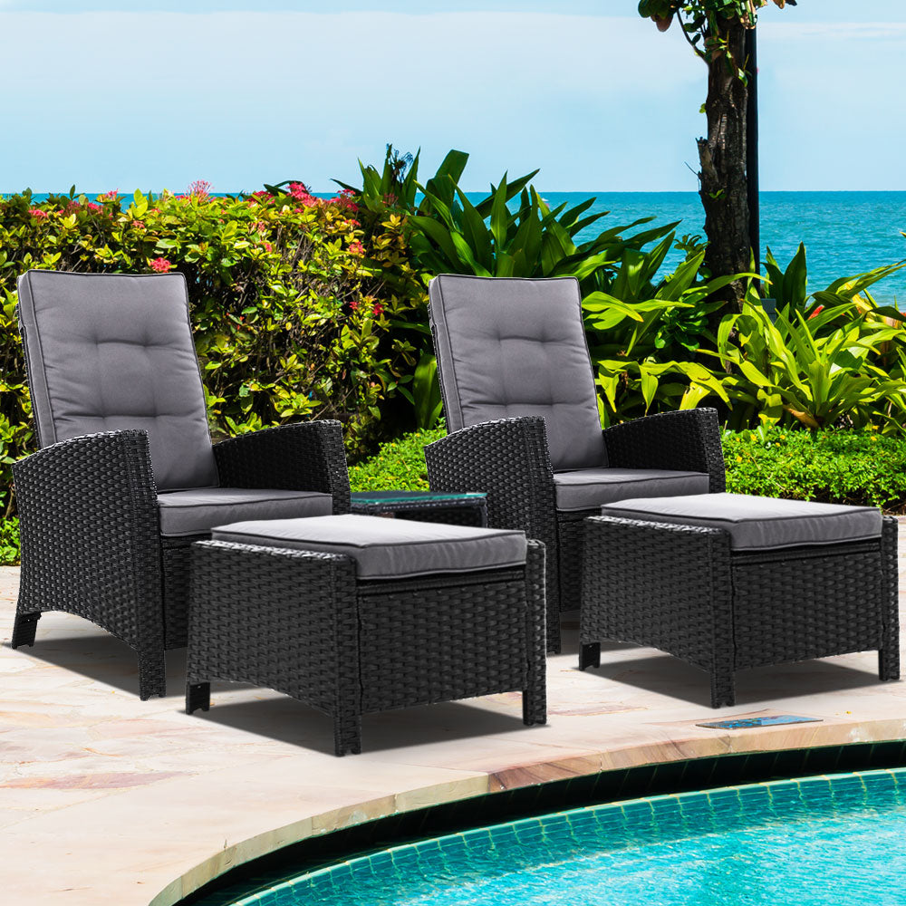 Gardeon Outdoor Patio Furniture Recliner Chairs Table Setting Wicker Lounge 5pc Black-Furniture &gt; Outdoor-PEROZ Accessories
