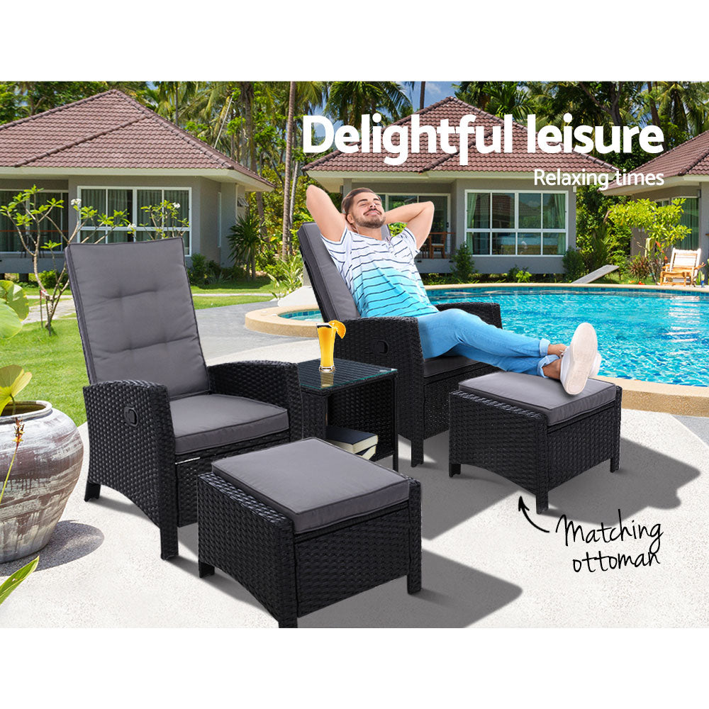 Gardeon Outdoor Patio Furniture Recliner Chairs Table Setting Wicker Lounge 5pc Black-Furniture &gt; Outdoor-PEROZ Accessories