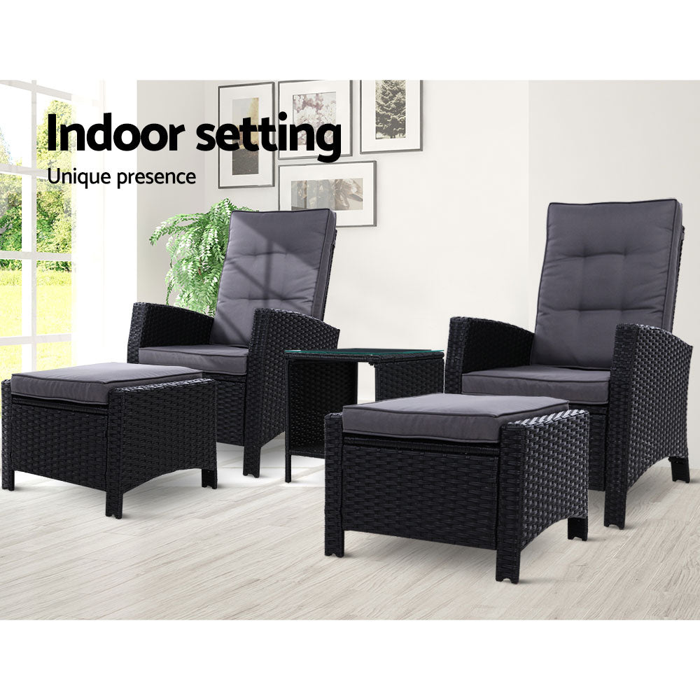 Gardeon Outdoor Patio Furniture Recliner Chairs Table Setting Wicker Lounge 5pc Black-Furniture &gt; Outdoor-PEROZ Accessories