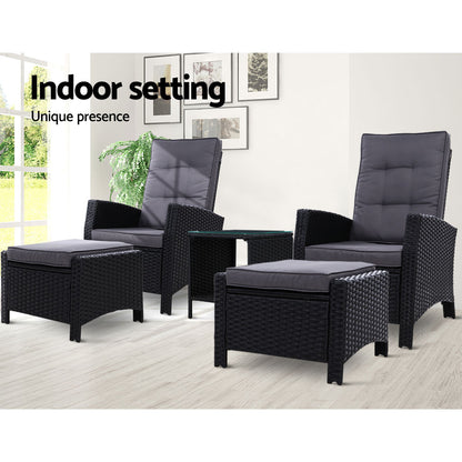 Gardeon Outdoor Patio Furniture Recliner Chairs Table Setting Wicker Lounge 5pc Black-Furniture &gt; Outdoor-PEROZ Accessories