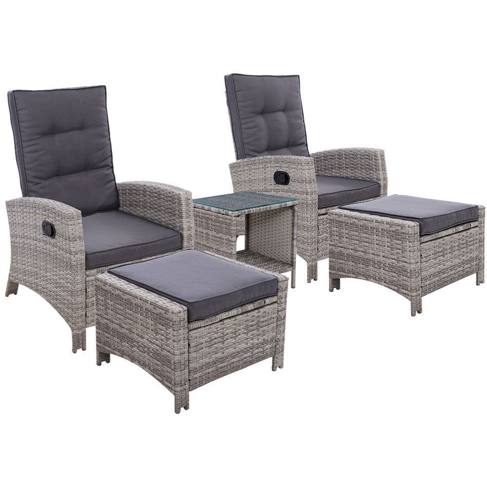 Gardeon Outdoor Patio Furniture Recliner Chairs Table Setting Wicker Lounge 5pc Grey-Furniture &gt; Outdoor-PEROZ Accessories
