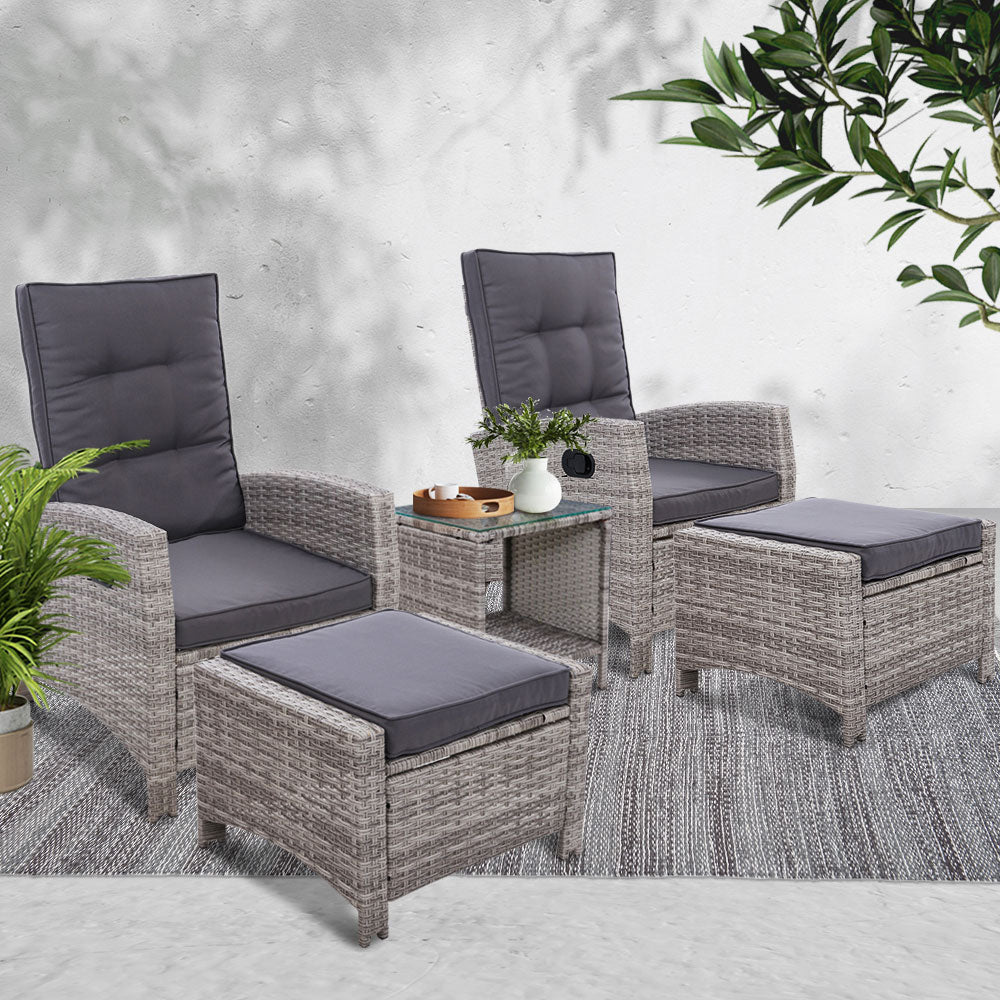 Gardeon Outdoor Patio Furniture Recliner Chairs Table Setting Wicker Lounge 5pc Grey-Furniture &gt; Outdoor-PEROZ Accessories