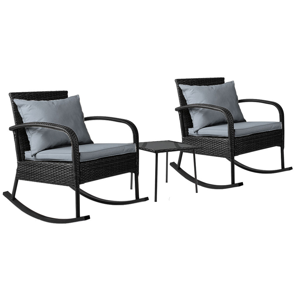 Gardeon 3 Piece Outdoor Chair Rocking Set - Black-Furniture &gt; Outdoor-PEROZ Accessories