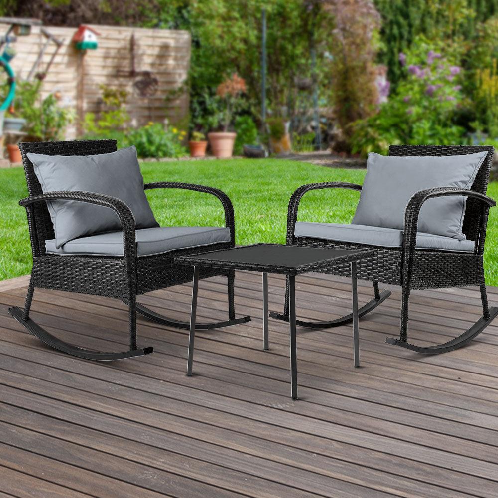 Gardeon 3 Piece Outdoor Chair Rocking Set - Black-Furniture &gt; Outdoor-PEROZ Accessories