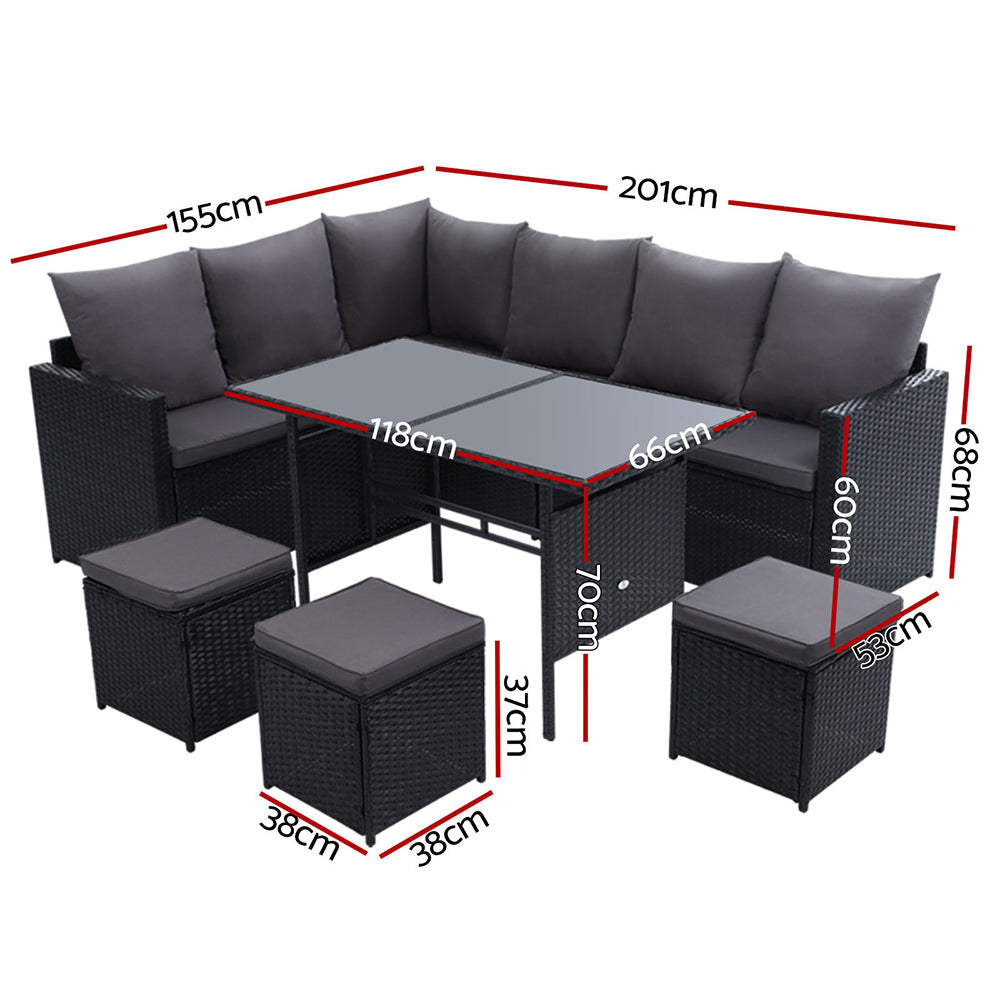 Gardeon Outdoor Furniture Dining Setting Sofa Set Lounge Wicker 9 Seater Black-Furniture &gt; Outdoor-PEROZ Accessories