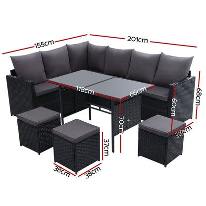 Gardeon Outdoor Furniture Dining Setting Sofa Set Lounge Wicker 9 Seater Black-Furniture &gt; Outdoor-PEROZ Accessories