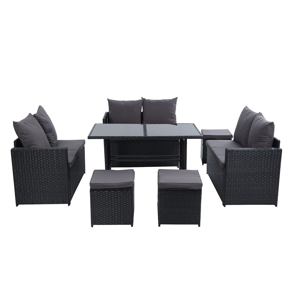 Gardeon Outdoor Furniture Dining Setting Sofa Set Lounge Wicker 9 Seater Black-Furniture &gt; Outdoor-PEROZ Accessories
