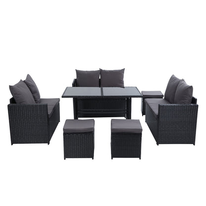 Gardeon Outdoor Furniture Dining Setting Sofa Set Lounge Wicker 9 Seater Black-Furniture &gt; Outdoor-PEROZ Accessories