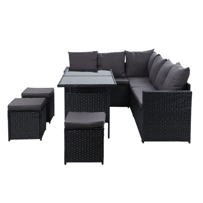 Gardeon Outdoor Furniture Dining Setting Sofa Set Lounge Wicker 9 Seater Black-Furniture &gt; Outdoor-PEROZ Accessories