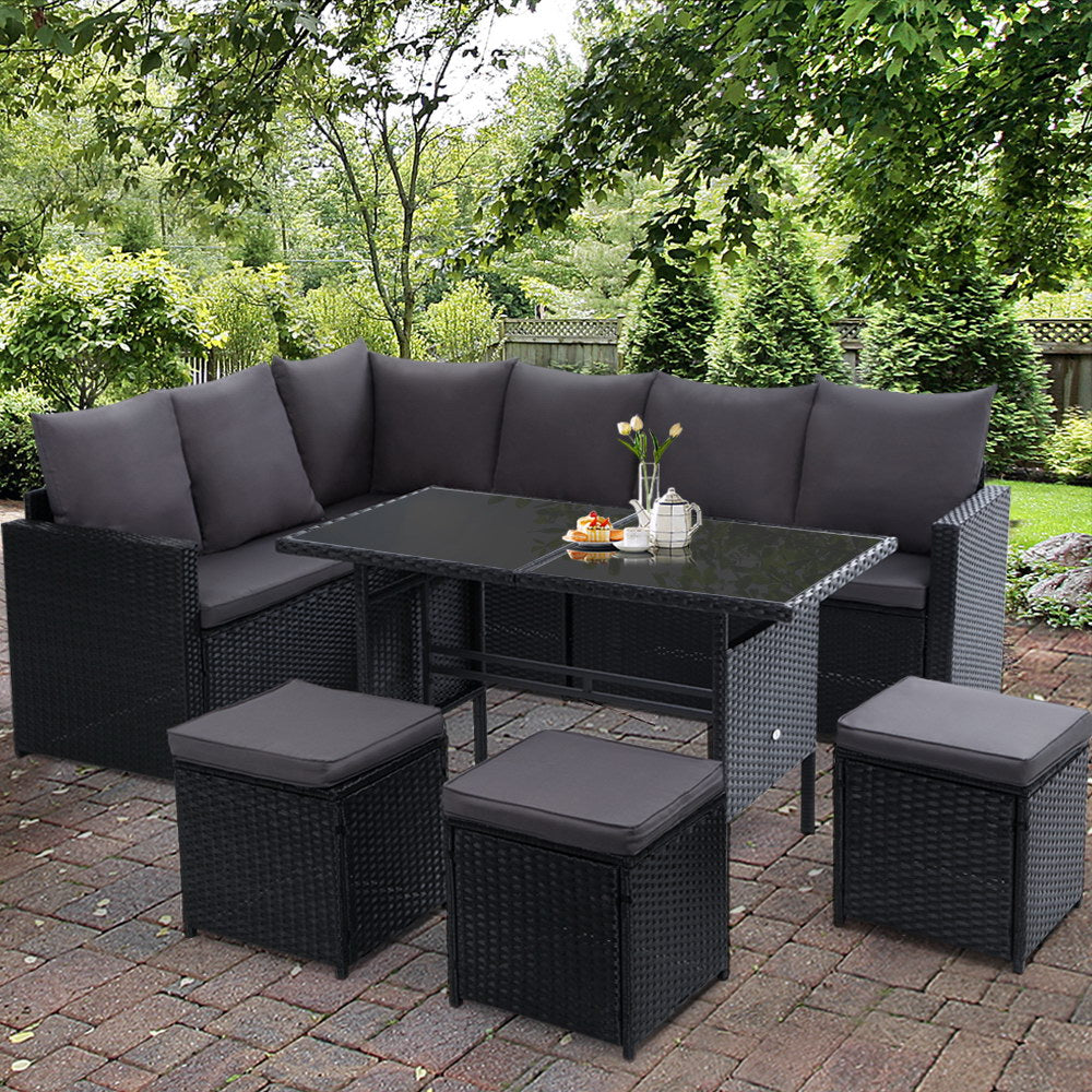 Gardeon Outdoor Furniture Dining Setting Sofa Set Lounge Wicker 9 Seater Black-Furniture &gt; Outdoor-PEROZ Accessories