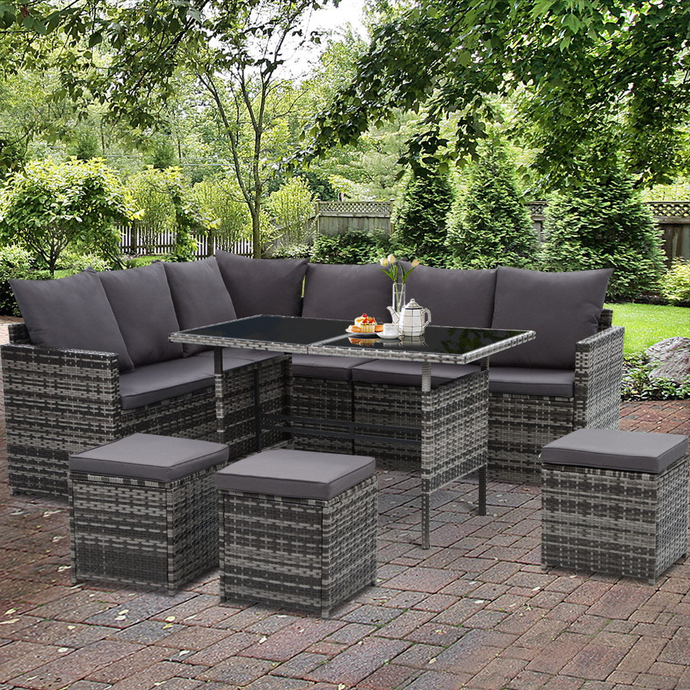 Gardeon Outdoor Furniture Dining Setting Sofa Set Lounge Wicker 9 Seater Mixed Grey-Furniture &gt; Outdoor-PEROZ Accessories