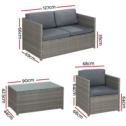 Gardeon 4-Piece Outdoor Sofa Set Wicker Couch Lounge Setting Grey-Furniture &gt; Outdoor-PEROZ Accessories