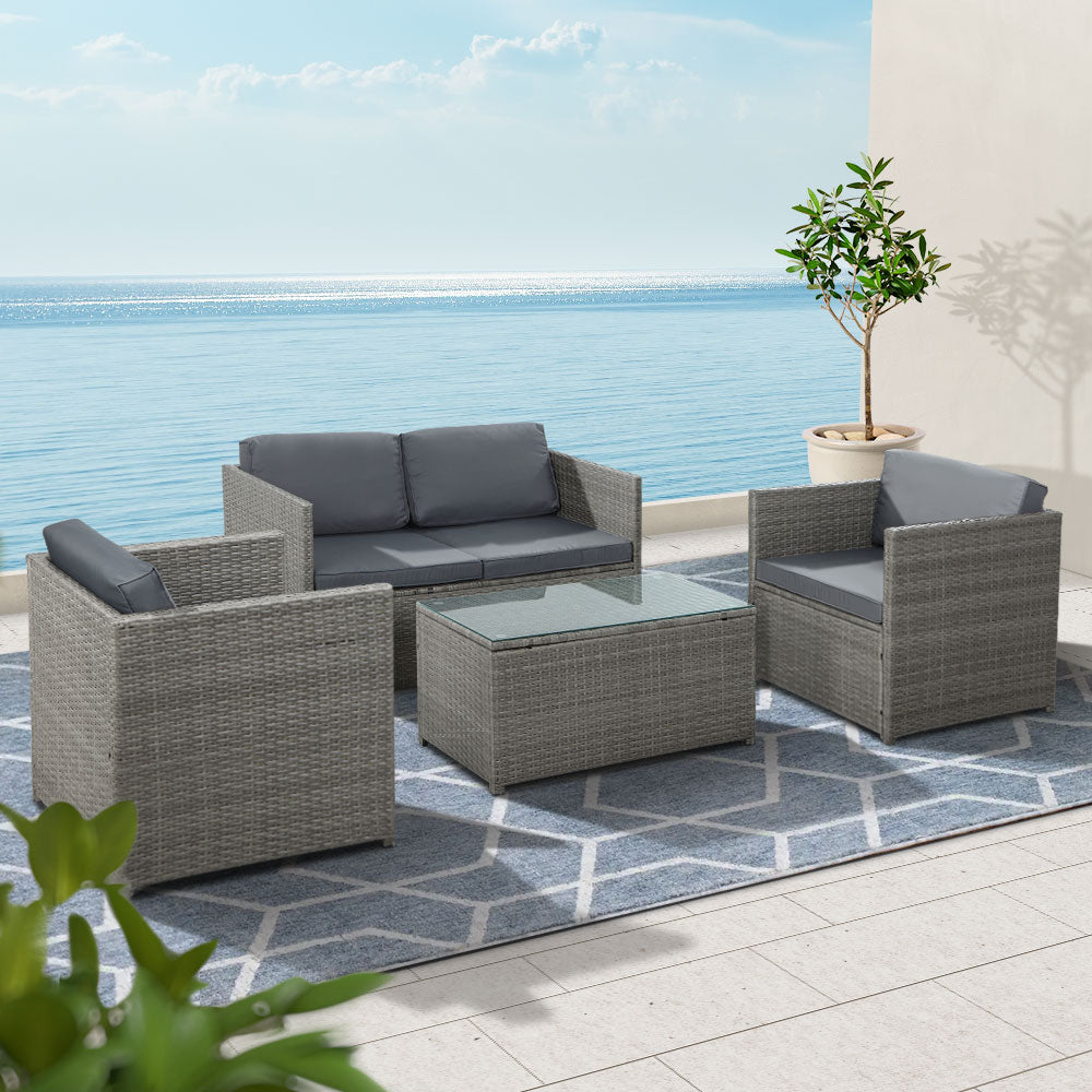 Gardeon 4-Piece Outdoor Sofa Set Wicker Couch Lounge Setting Grey-Furniture &gt; Outdoor-PEROZ Accessories