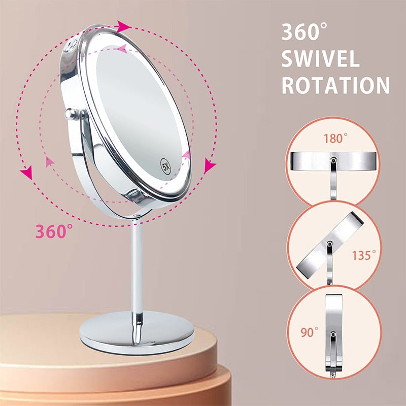 Anyvogue 8in Desktop Wall Mounted Smart LED Makeup Mirror Double Sided Touch Dimming Adjustable 10x Magnification USB Type-Makeup Mirror-PEROZ Accessories