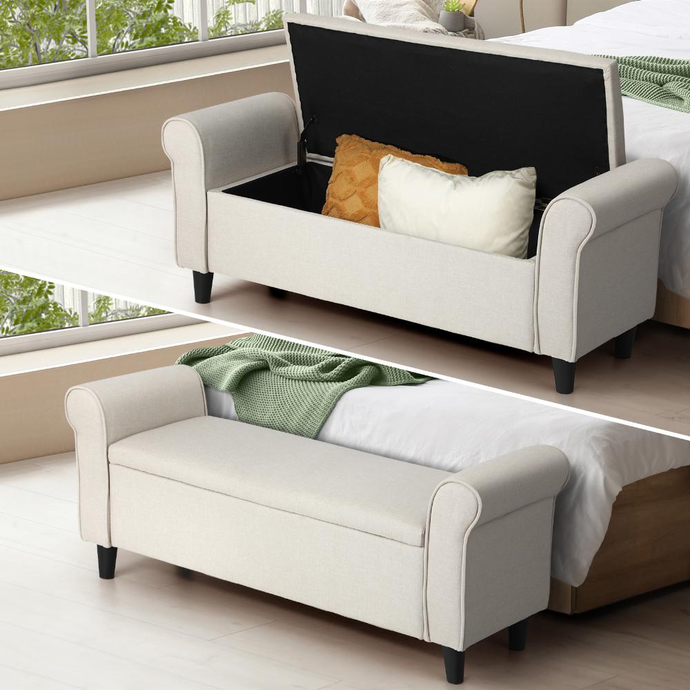 Oikiture Storage Ottoman Blanket Box Linen Fabric Arm Foot Stool Couch Large Beige-Ottoman-PEROZ Accessories