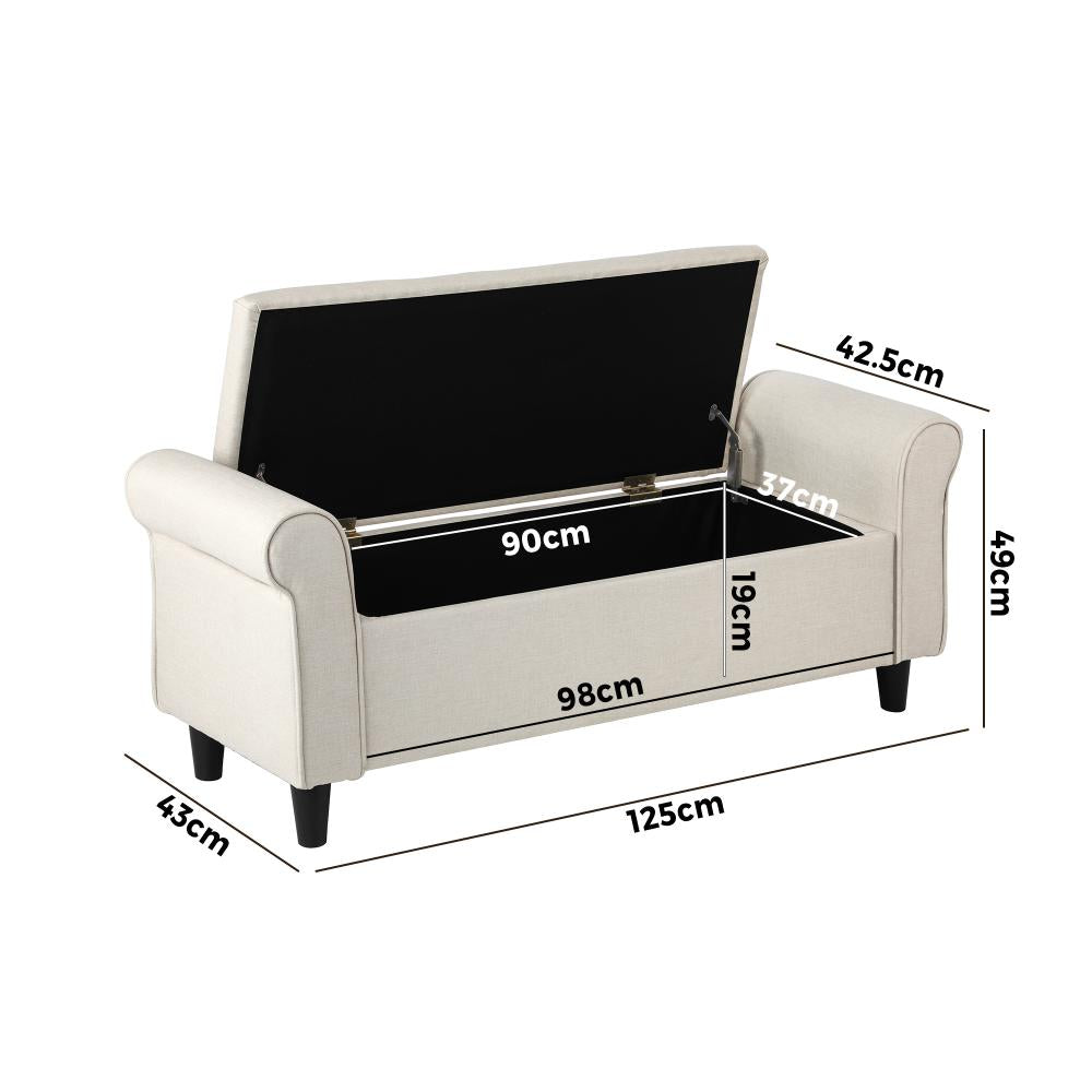 Oikiture Storage Ottoman Blanket Box Linen Fabric Arm Foot Stool Couch Large Beige-Ottoman-PEROZ Accessories