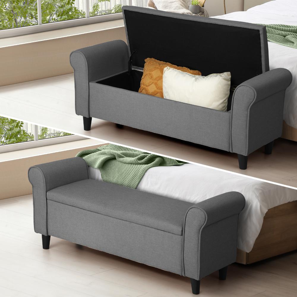 Oikiture Storage Ottoman Blanket Box Linen Fabric Arm Foot Stool Couch Large Grey-Ottoman-PEROZ Accessories
