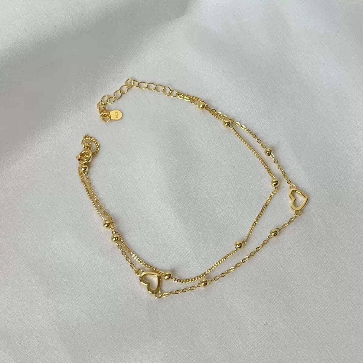 Anyco Bracelet Minimalist Hollow Heart Double Layers Stackable Extension Chain 18K Gold Platted Bead Link Chain Bracelet-Bracelets-PEROZ Accessories
