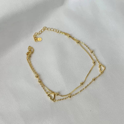 Anyco Bracelet Minimalist Hollow Heart Double Layers Stackable Extension Chain 18K Gold Platted Bead Link Chain Bracelet-Bracelets-PEROZ Accessories
