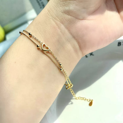 Anyco Bracelet Minimalist Hollow Heart Double Layers Stackable Extension Chain 18K Gold Platted Bead Link Chain Bracelet-Bracelets-PEROZ Accessories
