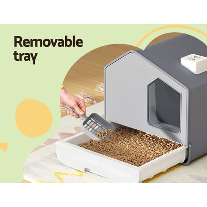 i.Pet Cat Litter Box Large Tray Kitty Toilet Fully Enclosed House Hooded Scoop Mat Grey-Pet Care &gt; Cat Supplies-PEROZ Accessories
